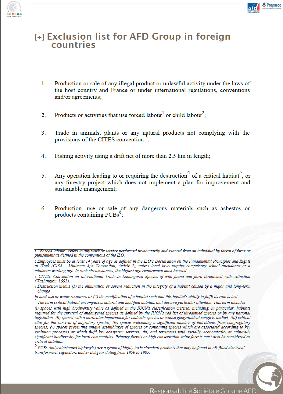 Exclusion list for AFD Group in foreign countries AFD Agence Française de Développement