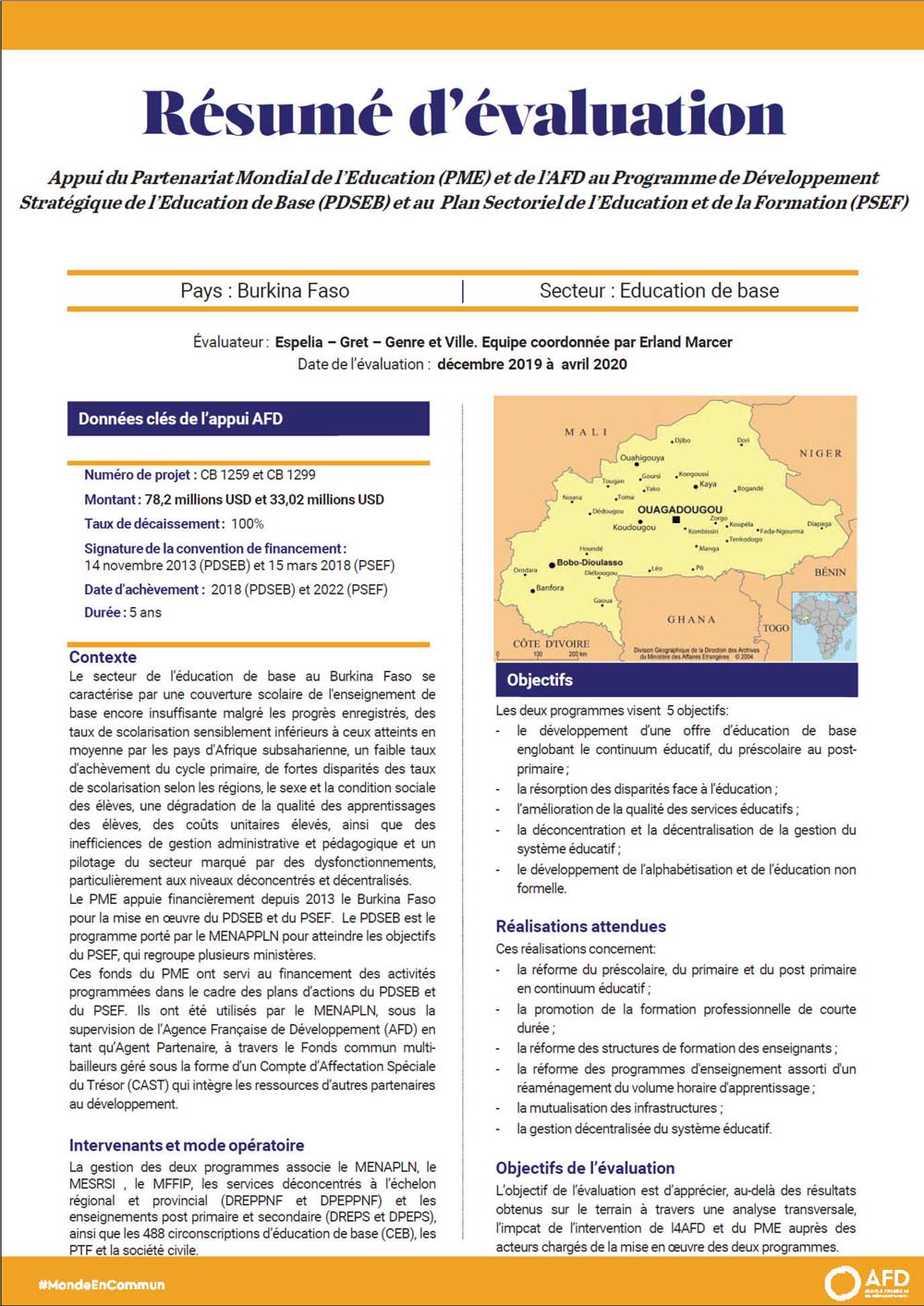 Résumé d'évaluation - Appui au programme de développement stratégique de l'éducation de base (PDSEB) et au programme sectoriel pour l'éducation et la formation (PSEF), Burkina Faso