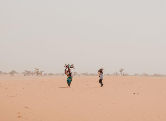 Mère avec son fils en train de ramasser du bois pour la préparation du repas, sur le chemin du retour vers Gouré, Niger