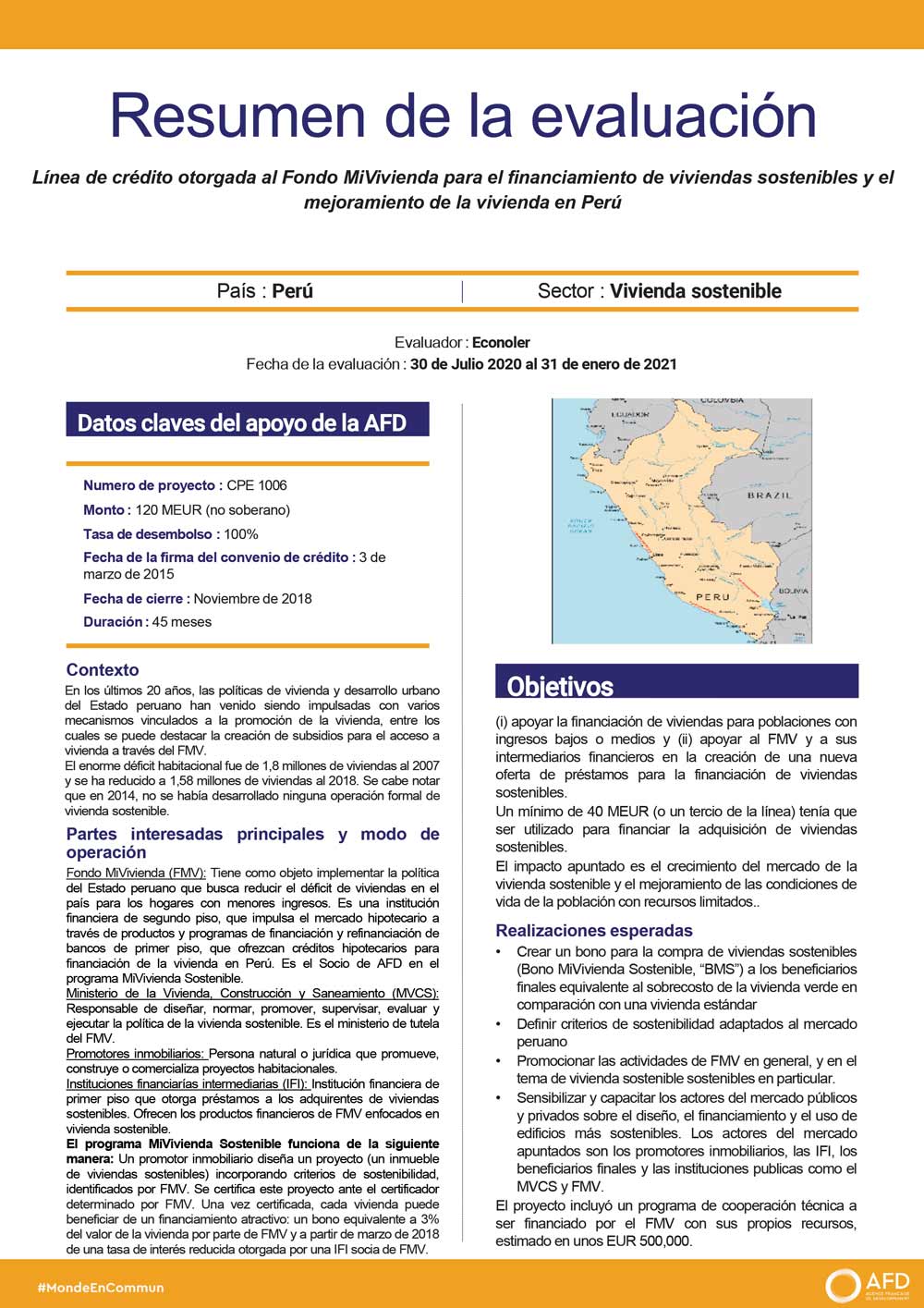 Resumen de evaluación - Proyectos del Fondo MiVivienda (GMF) CPE1006 y CPE1022