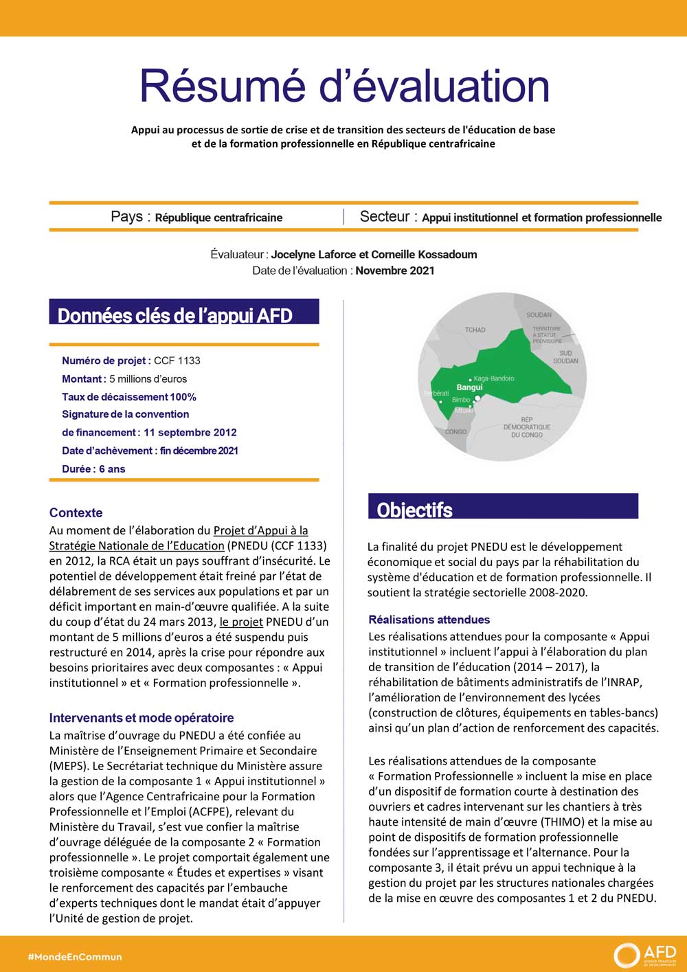 Résumé d'évaluation - Appui au processus de sortie de crise et de transition des secteurs de l'éducation de base et de la formation professionnelle CCF1133