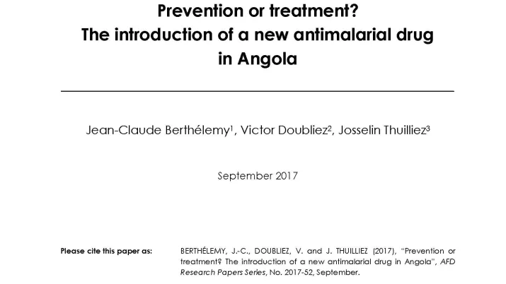 Prevention or treatment? The introduction of a new antimalarial drug in Angola_couverture