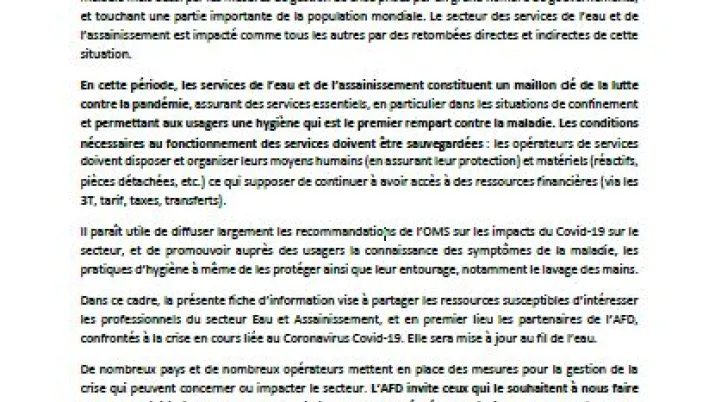 Ressources pour la gestion de la crise liée au Coronavirus Covid-19 dans le secteur eau et assainissement