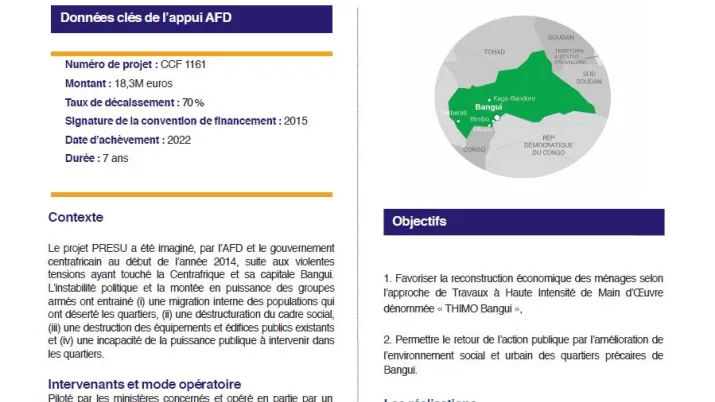 Résumé d'évaluation - Programme de reconstruction économique et sociale en milieu urbain (PRESU), RCA