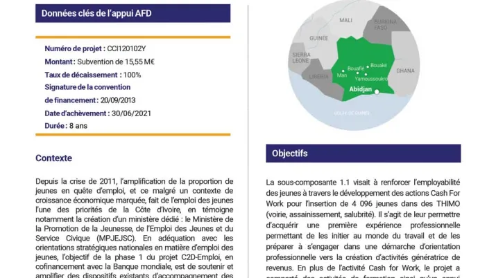 Résumé d'évaluation - Sous-projet de la phase 1 du projet C2D-emploi : activités relatives aux travaux d’utilité publique à haute intensité de main d’oeuvre, Côte d'Ivoire