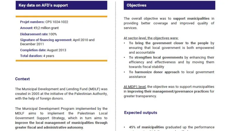 Evaluation Summary - First phase of the Municipal Development Program (MDP), West Bank and Gaza