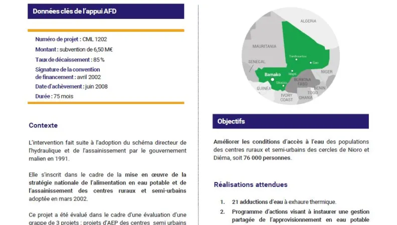 Résumé d'évaluation - Projet d’alimentation en eau potable de vingt et un centres ruraux et semi-urbains des cercles de Nioro et Diéma, Mali