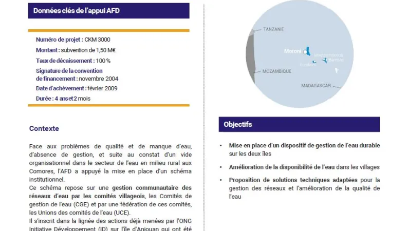 Résumé d'évaluation - Projet d’appui à la gestion de l’eau communautaire (PAGEC) à Anjouan et Mohéli, Comores