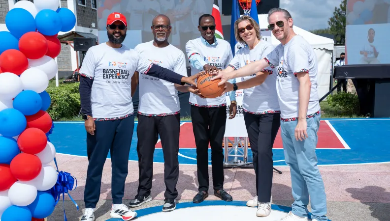From left, Dr. Ahmed Idris, Secretary General KRCS, Michael Finley, Senior Director and Country Operations Lead for NBA Kenya, Alex Sampao, Deputy director Youth and Sports County government of Kajiado, AFD Country Director for Kenya, Anne-Gael Chapuis and France Ambassador to Kenya, Arnaud Suquet, during the launch of the new component for students with disabilities